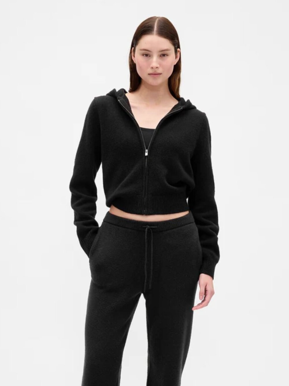 CashSoft Sweater Cropped Zip Hoodie Black Small Petite